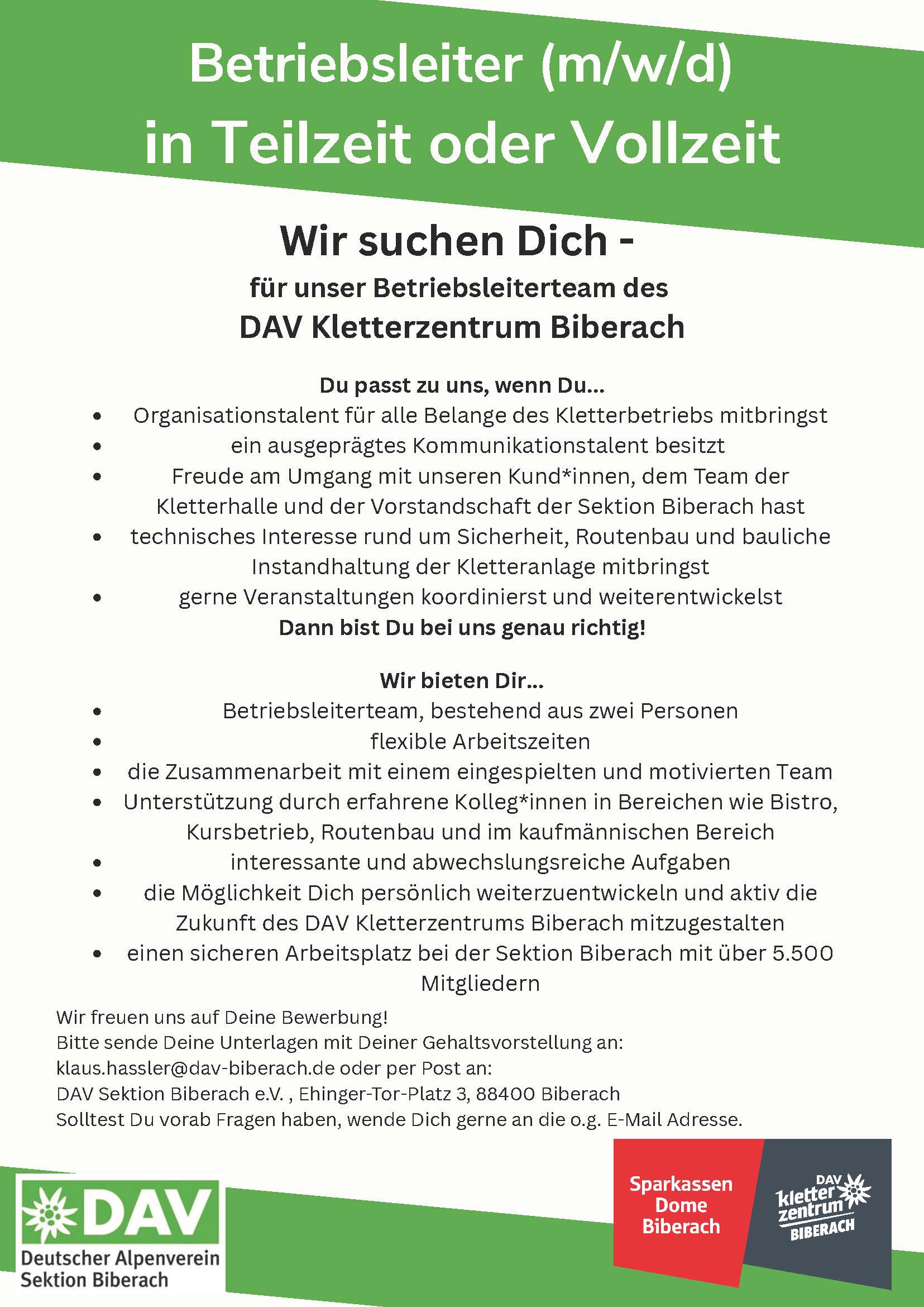 Stellenausschreibung Betriebsleitung Kletterhalle